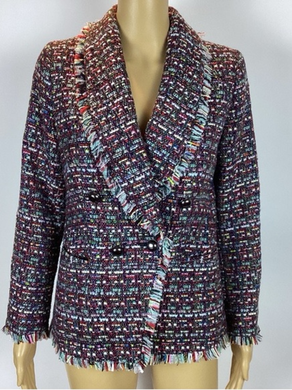 Halogen Multicolor Tweed Fringe Double-Breasted Jacket
